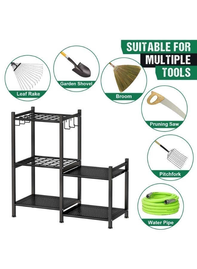 Uptyia Garden Tool Organizer Rack，Garage Organization, 3 Tier Yard Tool Storage Rack，Long-Handled Tools, Garage & Outdoor Tool Holder Shelf, Metal Storage Stand for Rakes, Shovels, Brooms, Heavy Duty Garden Tool Holder with Large Hooks for Shed, Yard - Image 2